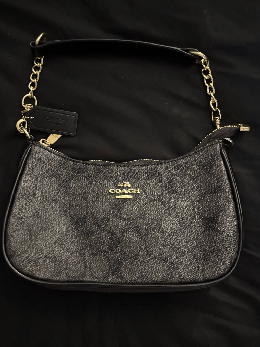 COACH Black Signature Canvas Shoulder Hobo with Gold Hardware